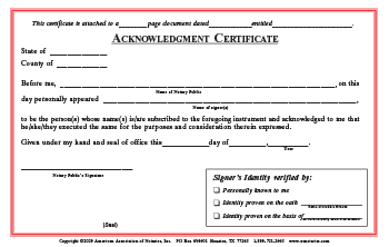 Tennessee Acknowledgment Notarial Certificate Pad